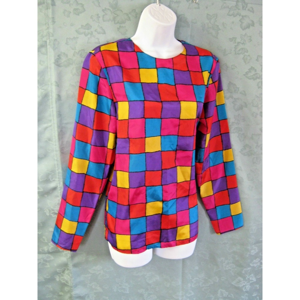 JRT Blouse Size 6 Bright Geometric Print Long Sleeve 100% Silk